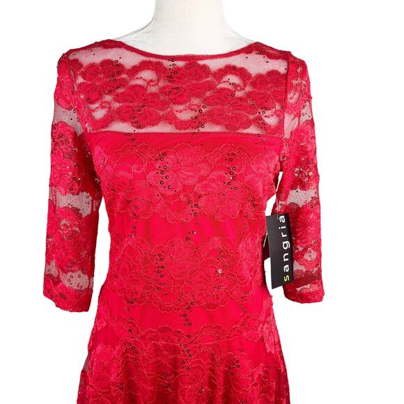 Sangria Dress Red Lace 6 Midi Sheer Neckline Stretch New - Picture 16 of 16